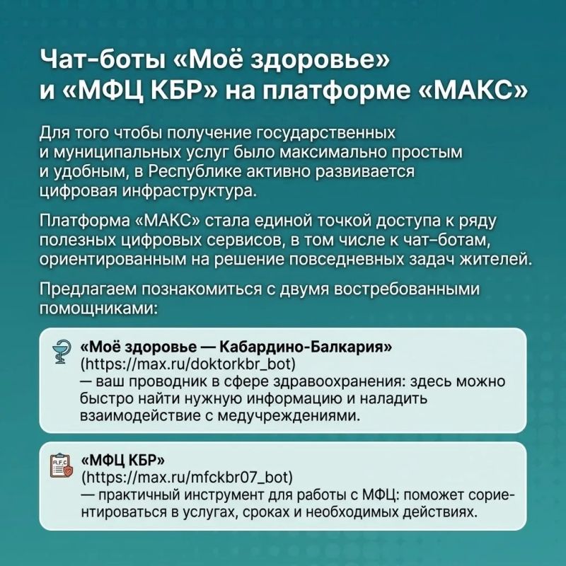 Оцените удобство цифровых помощников: чатботы «Моё здоровье» и «МФЦ КБР» на платформе «МАКС»