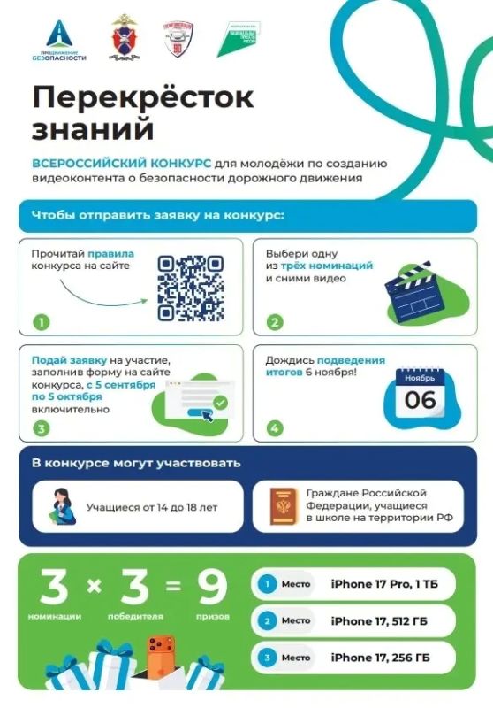 В рамках реализации соцкампании «Продвижение безопасности» проводится Всероссийский конкурс «Перекрёсток знаний» по созданию видеоконтента по БДД для молодежи от 14 до 18 лет, обучающейся в общеобразовательных организациях